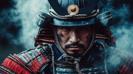 Fototapeta premium Samurai warrior intensely stares ahead, showcasing courage, strength, ready combat, embodying bushido.
