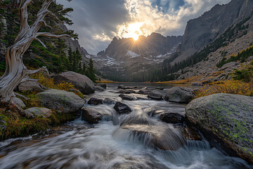 Mountain river stream flowing through rocky alpine valley at sunrise, dramatic wilderness landscape with clear water motion, forest canyon scenery for nature travel, environment conservation, adventur