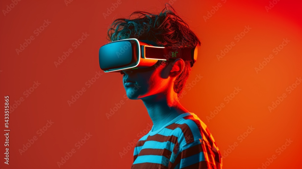 Poster portrait of a man immersed in virtual reality with vr glasses in a minimalist studio setting