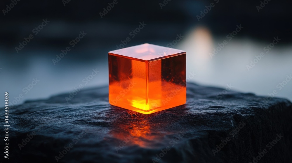 Poster a glowing orange cube resting on a dark textured rock