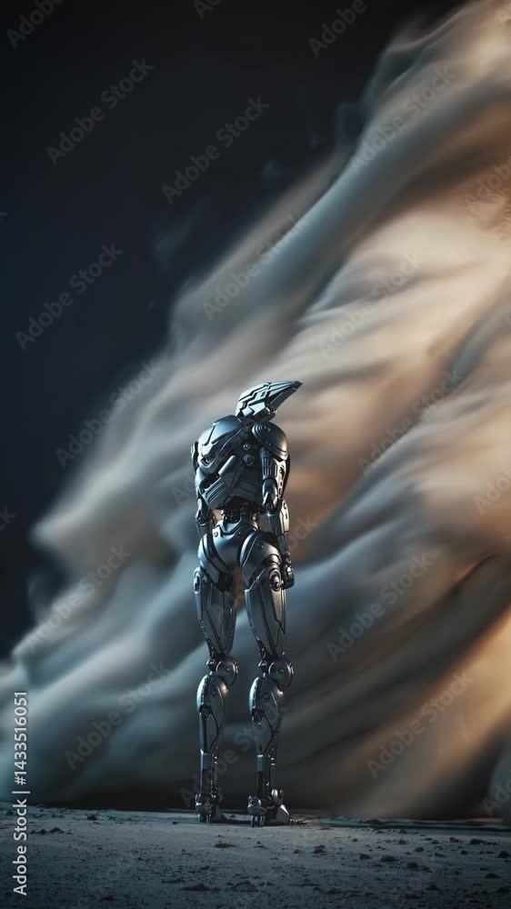 Poster back view of a lone futuristic robot facing a swirling cosmic dust storm, conveying isolation and re