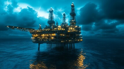 Offshore drilling platform in a stormy ocean environment.