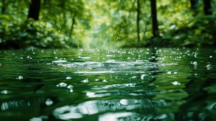 Fototapeta premium Water splashes creating ripples, droplets fall in lush forest, reflection mirrored, promoting serenity.