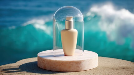 Luxury SPF 50 Sunscreen Bottle Displayed Under Glass Dome on Marble Pedestal Generative AI