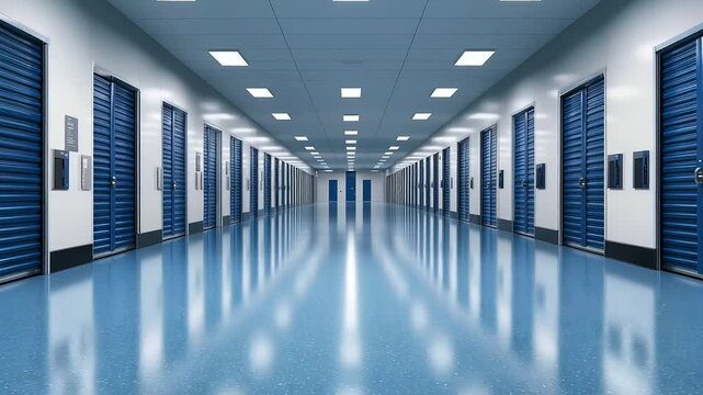 Wide-angle shot of a clean and well-lit self-storage facility with rows of blue doors and secure units. The organized structure and secure, photo-realistic design exude professiona