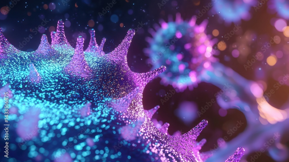 Poster intricate, glowing visualization of a virus cell, showcasing its complex structure and colorful deta