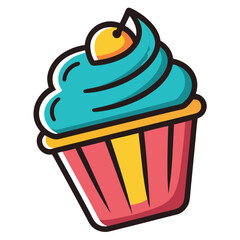 Cartoon Cupcake with Blue Icing, Cherry Topping, and Pink Wrapper on White Background