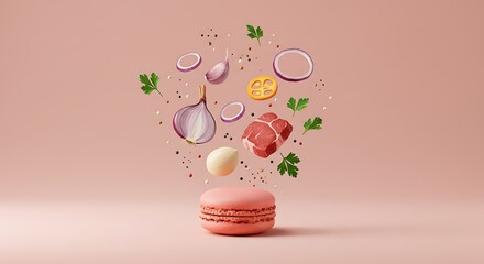 Floating Savory Ingredients Above Macaron Creative Food Concept