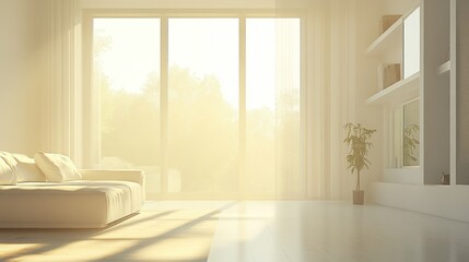 A bright living room with soft sunlight streaming through a window