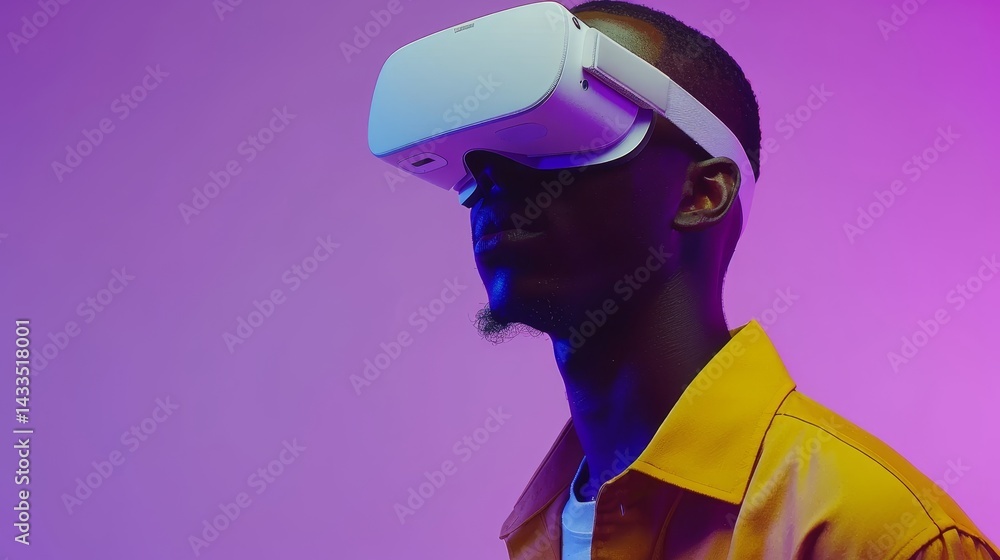 Poster portrait of a man engaged in virtual reality experience with vr headset in a studio environment