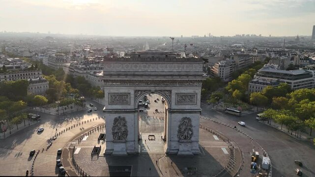 Drone shot of Arc de Triomphe (Arch of Triumph) in Paris, France