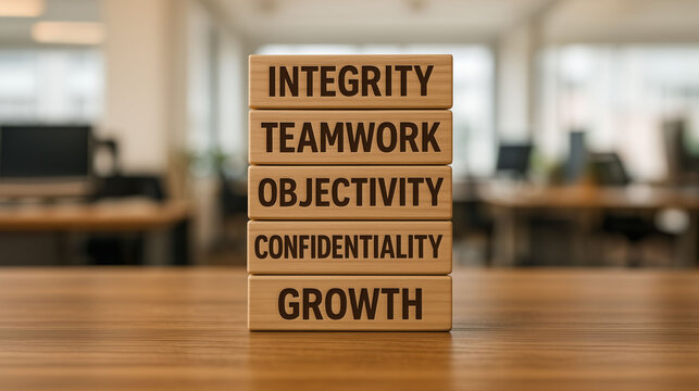 Business ethics code of conduct component integrity , teamwork, objectivity confidentiality and growth for successful entrepreneurship startup with office background 