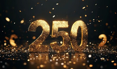 Glittering Golden Number 250 Surrounded by Sparkling Confetti