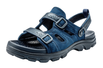 Stylish Blue Leather Hiking Sandals for Summer Adventures Detailed Close up Shot on Black on transparent background
