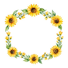 Vintage Frame made of Sunflowers and Leaves Isolated Hand Drawn Watercolor Painting Illustration