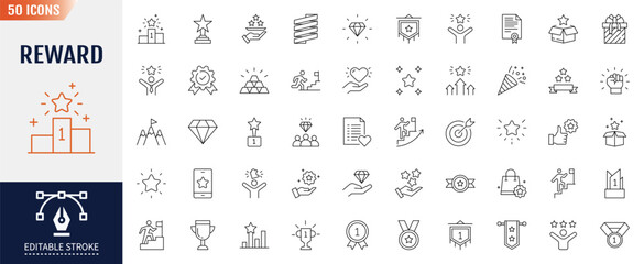 Reward line editable icon set. Containing gift, trophy, recognition, reward program, medal, bonus, and more. Vector illustration
