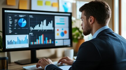 Caucasian man working intently analyzes data charts on computer, focusing on financial insights and trends.