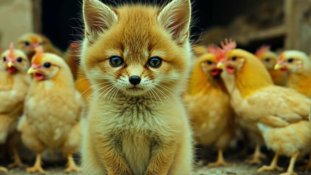 Adorable fluffy fennec fox kit surrounded by curious chickens in barnyard