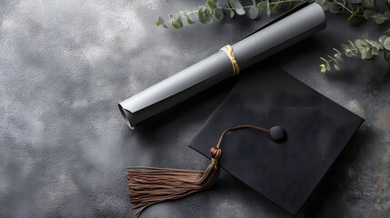 Graduation still life: Black cap, diploma scroll, and eucalyptus sprigs evoke academic achievement and new beginnings on a textured surface.