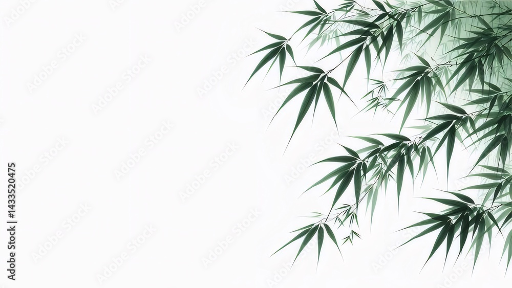Poster 東洋風水墨画 緑色竹葉が白背景に描かれたシンプルなデザイン