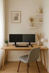 A modern home office setup with a sleek desk, dual monitors, and minimalist decor.