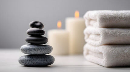 Zen stones stacked, soft towels, and soothing candles, a tranquil spa scene promoting calm, wellness, and relaxation for stress relief.