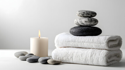Zen Relaxation: Smooth stones balanced on towels with a calming candle, creating a serene spa atmosphere for tranquility and wellness.