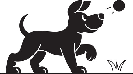 Playful Black Dog Chasing a Ball in Simple Design