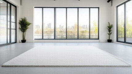 White Shag Rug Floor Plants Minimalist Style Bright natural light Wide angle full view Soft texture Peaceful ambiance Cityscape backdrop Neutral calming tones Ideal for interior design ads