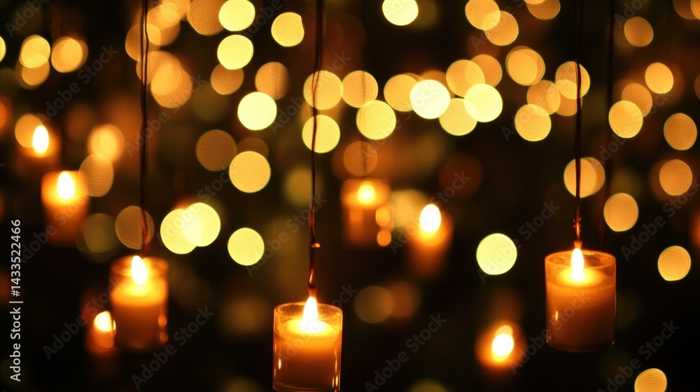 Poster a beautiful display of multiple lit hanging candles glowing softly