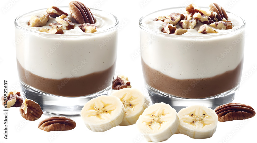 Poster delicious two layered dessert with banana slices and nuts on transparent background