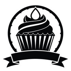 Silhouette of Cupcake with Swirl Frosting Topped with Drop and Banner in Circle