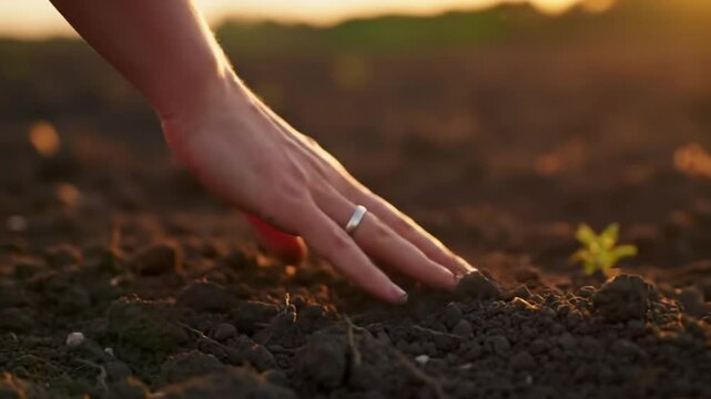 SLO MO Closeup of Hand of Unknown Female Agronomist Checking The Quality Soil on Field at Sunset