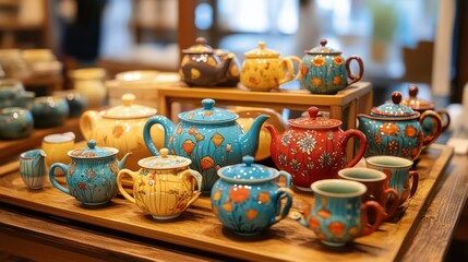 Tea set displays vibrant ceramic tea pots, tea cups featuring floral patterns, artistic earthenware arrangements.