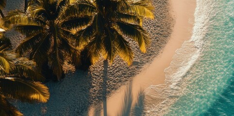 Aerial view of a tropical beach with palm trees and ocean water