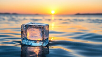 A translucent ice cube reflects sunset colors on rippling water