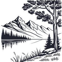 Fototapeta premium Lake with Mountain Reflection Vector Simple Line Illustration for Nature, Landscape, and Outdoor Designs