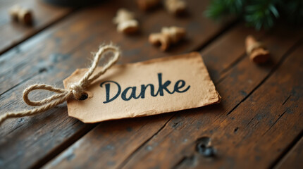 A wide-format kraft tag with "Danke" handwritten, twine tied, diagonally placed on aged wood, bathed in soft, nostalgic light for a vintage feel.

