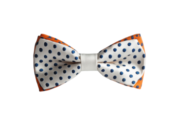 Stylish off white bow tie with navy polka dots and orange accents elegantly displayed against a black on transparent background
