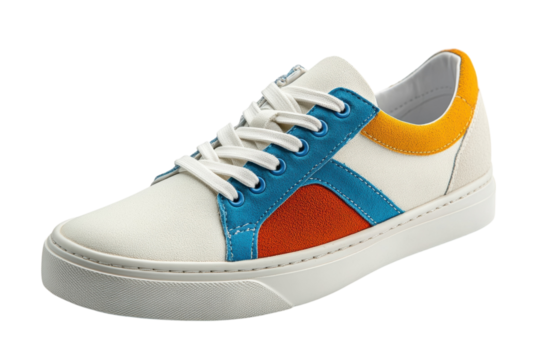 Stylish off white canvas sneakers with teal orange and yellow accents displayed against a black on transparent background