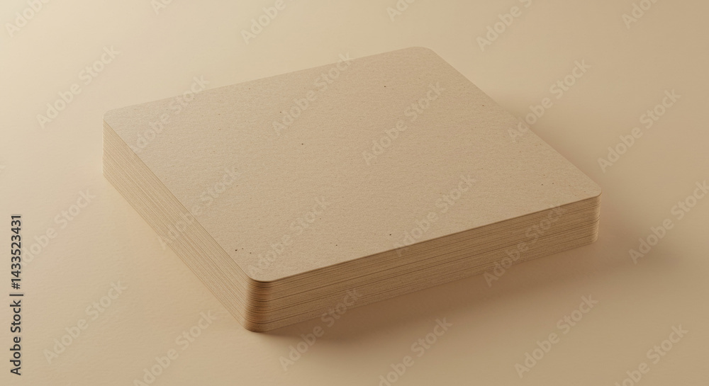 Poster stack of light beige craft paper coasters displayed on a neutral background. product presentation wi