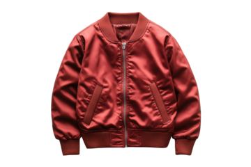 Stylish Red Satin Bomber Jacket perfect for Fall featuring a classic zip up design against a black on transparent background