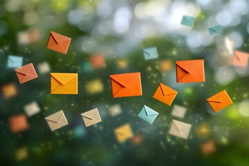 Colorful Envelopes: A whimsical scene with floating origami envelopes in a vibrant magical forest setting.