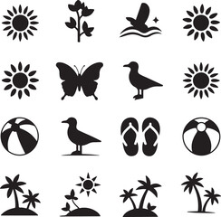 Summer Vacation Icons Set Black Silhouette Design