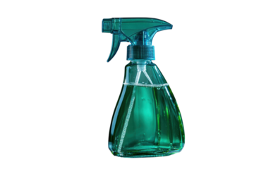Teal glass spray bottle filled with green liquid against a black background Clean refreshing design on transparent background