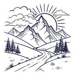 Mountain Range with Sun and Clouds in Clean Line Art for a Simple and Majestic Nature Design