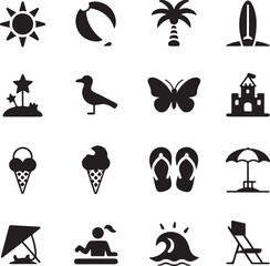 Summer Vacation Icons Set Black Glyph Style