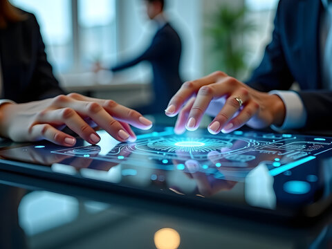 Person using transparent touchscreen tablet