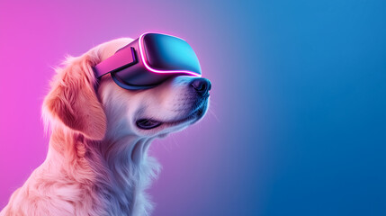 Golden retriever wearing futuristic virtual reality headset on vibrant pink-blue gradient background. Cute dog in tech gear symbolizing future, innovation, and digital experience with humor.