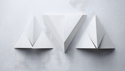 Minimalist abstract shapes create striking visual composition with three white geometric forms arranged harmoniously. clean lines and angles evoke sense of modernity and elegance